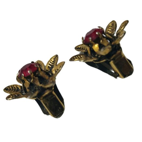 1990s Red Faceted Crystal Flower Gold Clip On Earrings Signed Austria - Picture 5 of 5
